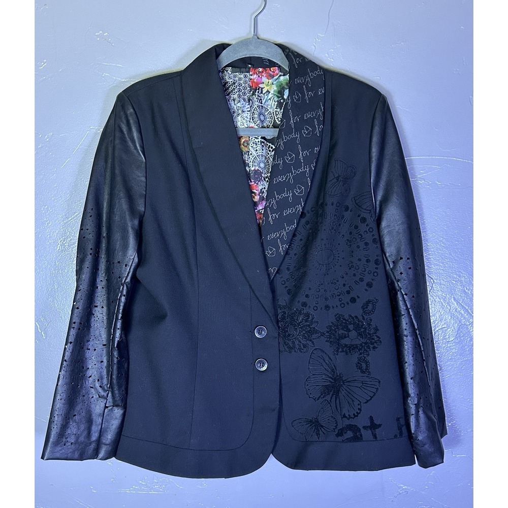 black Desigual women's blazer faux-leather sleeves XL Whimsy Goth